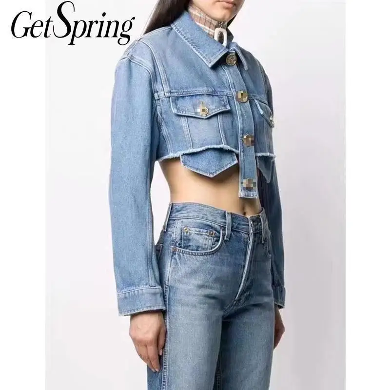 GetSpring женское джинсовое пальто короткая джинсовая куртка с длинным рукавом