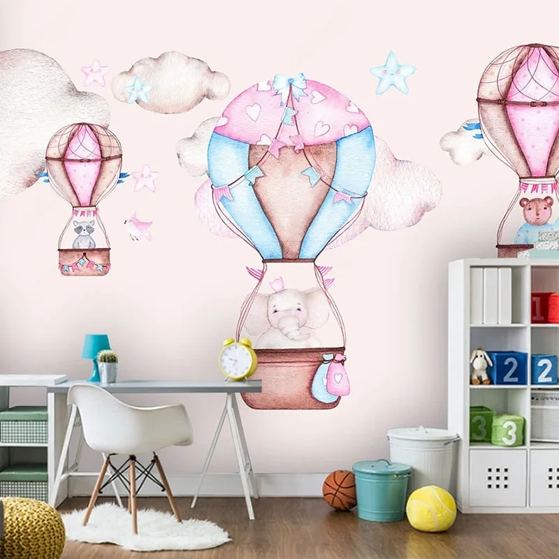 

Custom Photo Wallpaper Modern Hand Painted Children's Room Hot Air Balloon Rabbit Girl Bedroom Cartoon Mural Papel De Parede 3 D