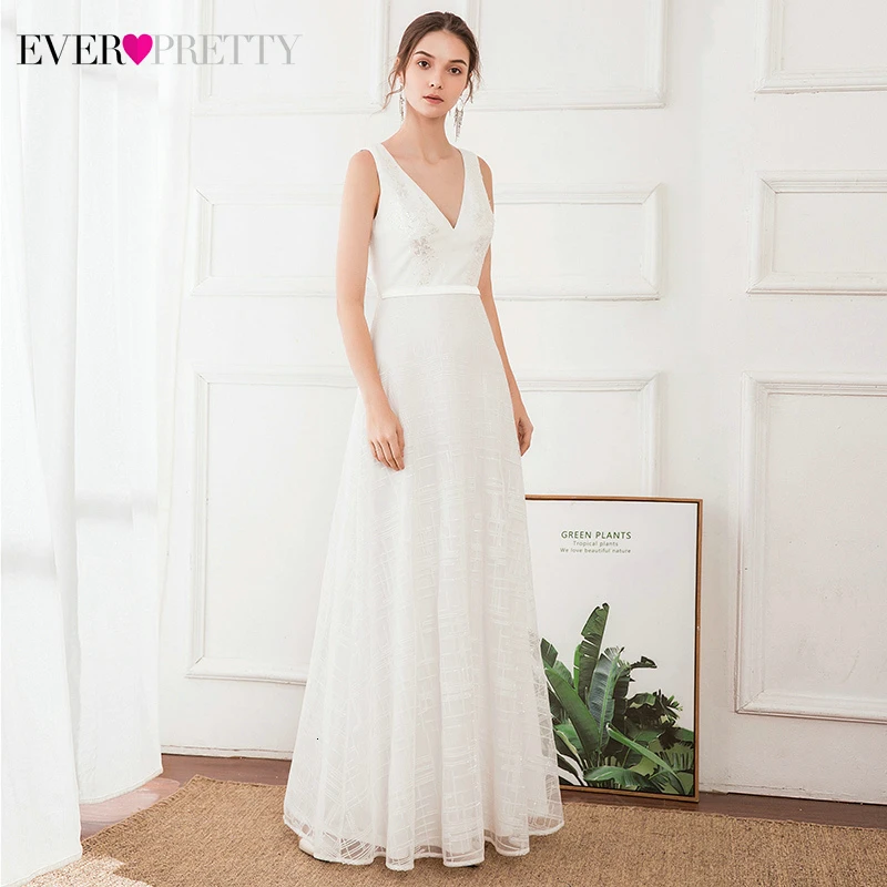 Элегантное пляжное свадебное платье Ever Pretty EP00714WH атласное ТРАПЕЦИЕВИДНОЕ ПЛАТЬЕ с двойным v-образным вырезом, расшитое блестками белое кружевное свадебное платье Suknia Slubna