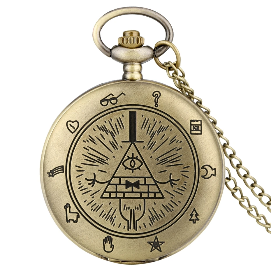 

Gravity Fall Bill Cipher Time Gem Necklace Quartz Pocket Watch Weird Town Triangle One-Eyed Devil Pendant Chain for Men Women