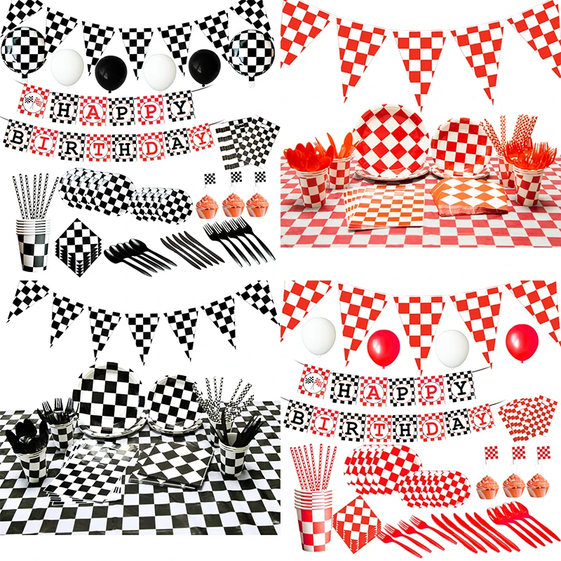 

116Pcs Black Red White Racing Checkered Party Disposable Tableware Set Race Car Paper Plate Cup Kids Birthdays Party Decorations