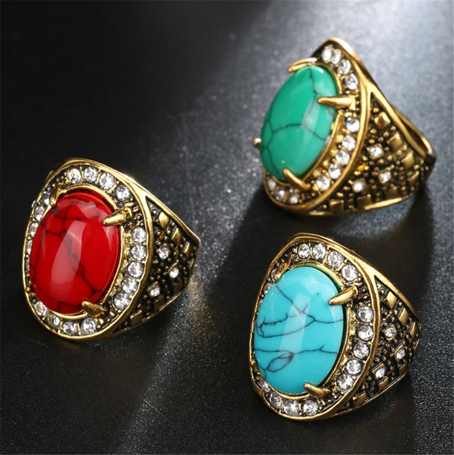 

Natural Stone Fashion Ring Wholesale Gold Color Ethnic Vintage Big Crystal Wedding Rings For Women Statement Bohemian Jewelry