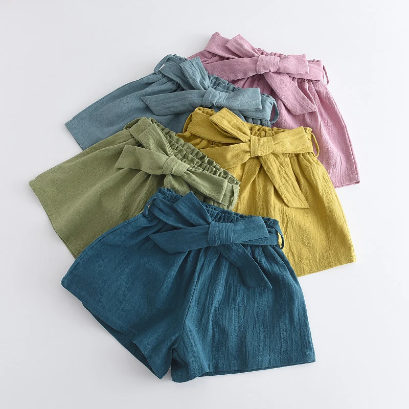 

Girls Casual Solid Summer Shorts New Fashion Kids Baby Bow Sashes Loose Clothing Cotton Clothes Children Cool Pants 3-7 Years