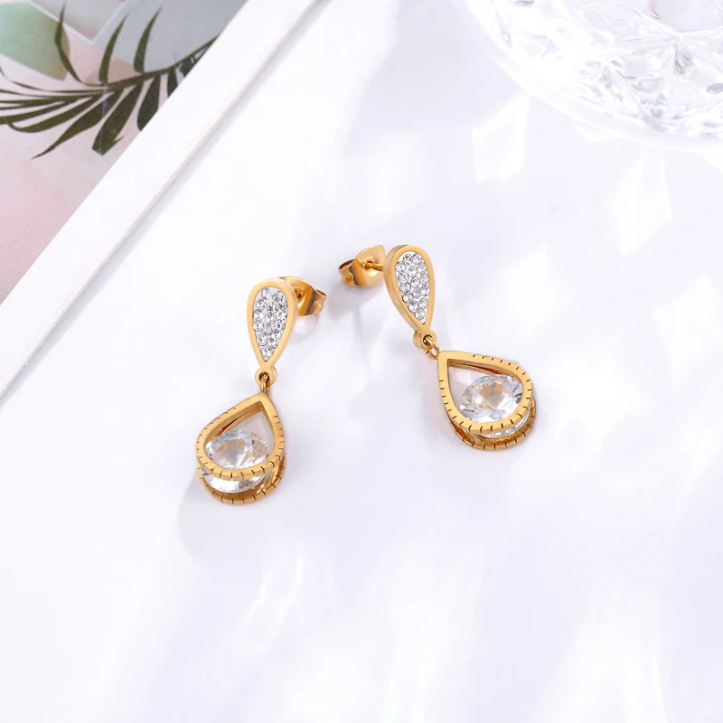Water Drop Shape Crystal Drop Earrings in Stainless Steel - Beautiful Gold and Rose Gold Color Jewelry for Weddings and Gifts image 3