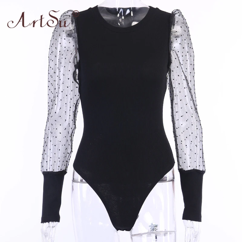 ArtSu Women Sexy Black Bodysuit Streetwear O-Neck Patchwork Long Sleeve Mesh Polka Dot Print Body Top Casual Overalls