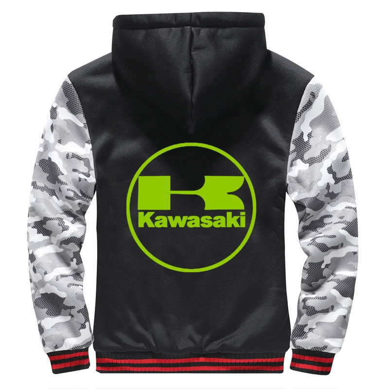 

2021 Winter Kawasaki Motorcycle Men's Zipper Hoodie Printing Thicken Plus Cotton Padded Comfortable Jacket Sweatshirt Coats