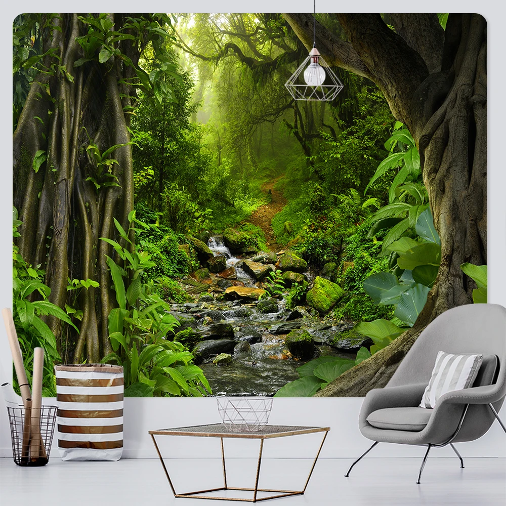 

Virgin forest home decoration art tapestry hippie bohemian decoration yoga mat sofa blanket psychedelic scene background wall