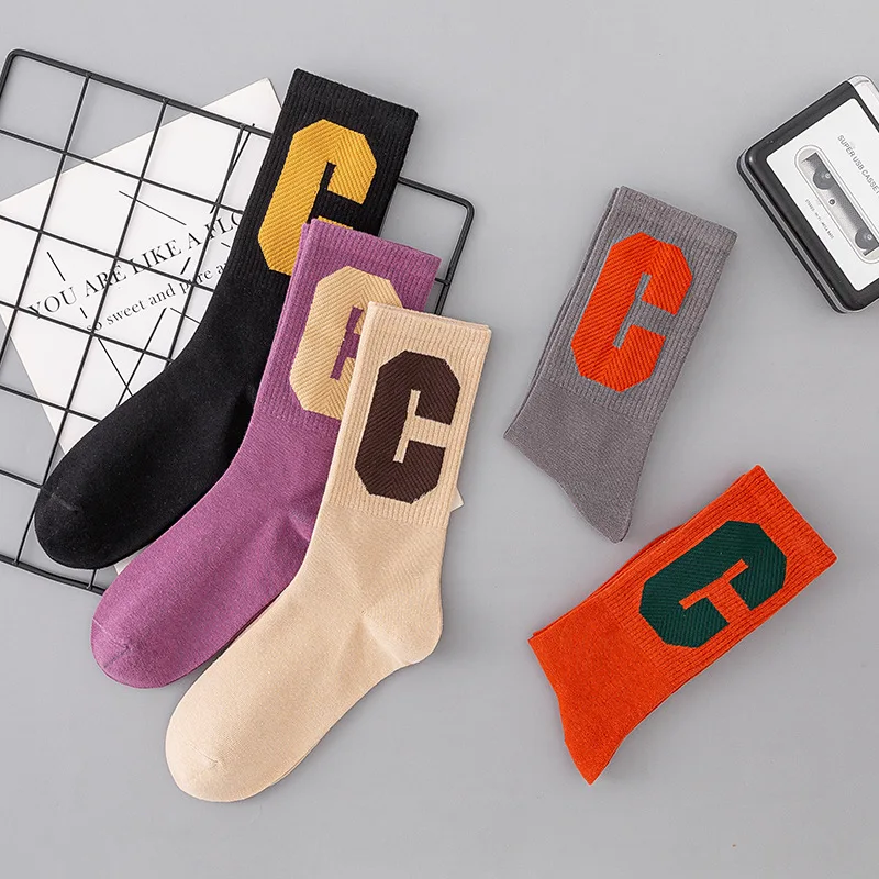 5 Pairs of Autumn Winter Socks Fashion Brand Big C-shaped Tube Personality Hit Color Letters Sports Leisure Cotton Tide Socks