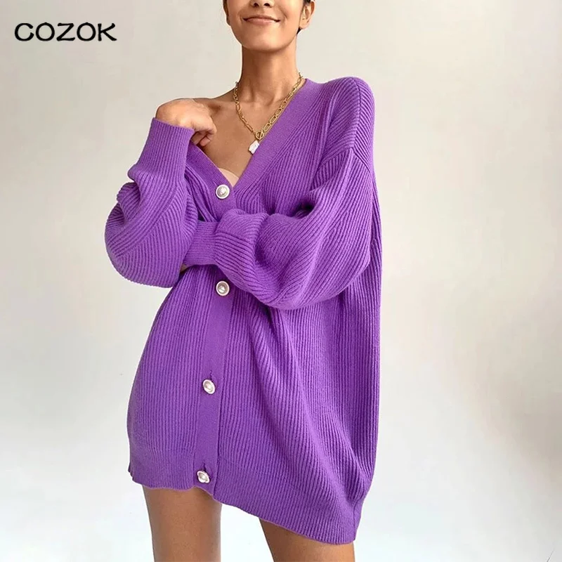 

joker 2021 Women Casual V Neck Solid Knitted Cardigan Elegant Female Autumn Winter Loose Button Lantern Sleeve Sweater Cardigan