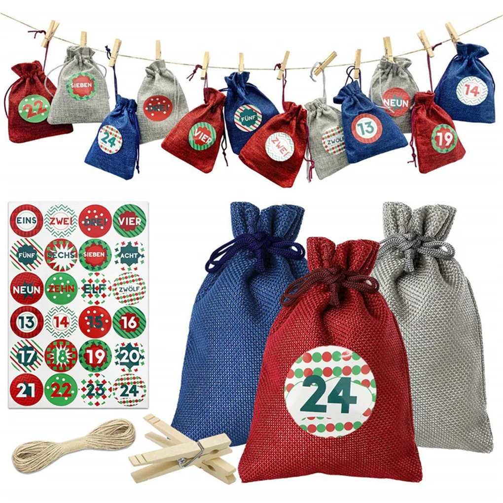 

24 Pieces Candy Bags Set Christmas Advent Countdown Calendar Gift Pouches Drawstring Burlap Snacks Organizers Decoration
