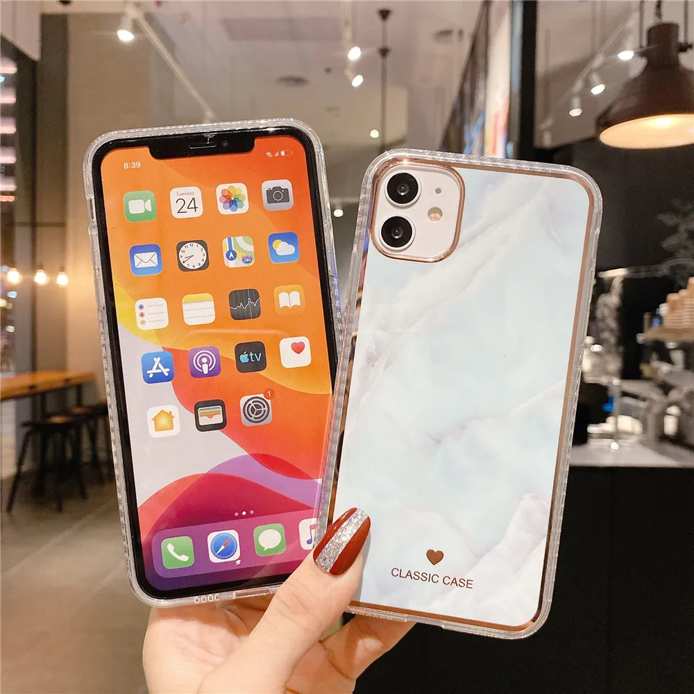 Marble Back Case for iPhone 12 mini 11 Pro Max XR XS SE2020 7 8 Plus Phone Cases Luxury Plating IMD Clear Frame Shockproof Funda | Мобильные