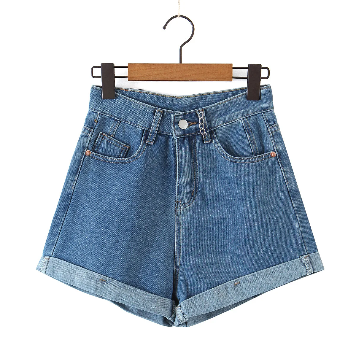 

2021 spring and summer new small chain letter curling casual denim shorts women's high waist was thin