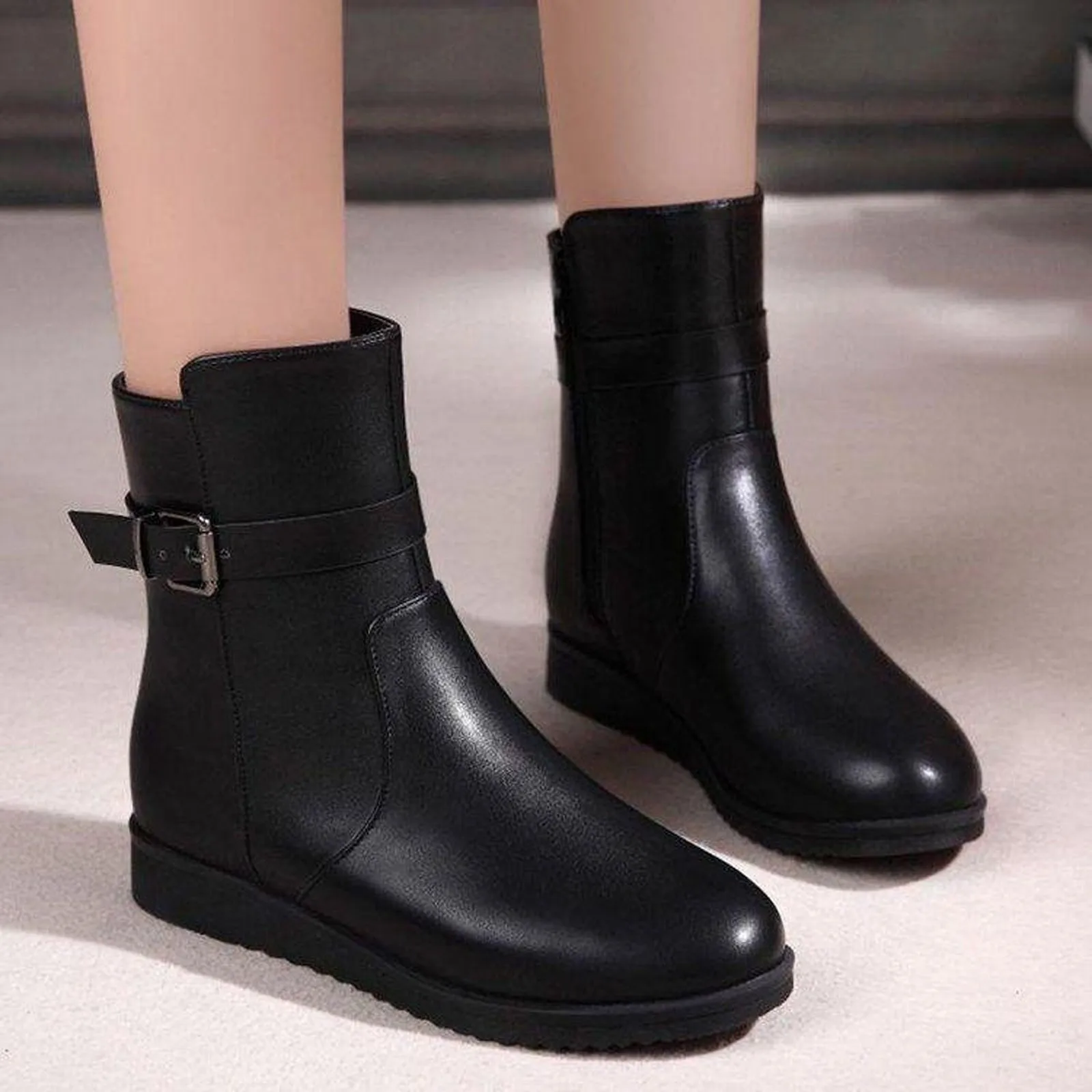

Retro Women Boots Leather Fashion Autumn Winter Keep Warm Flat Zipper Belt Buckle Short Ankle Booties Round Toe Shoes Plus Size