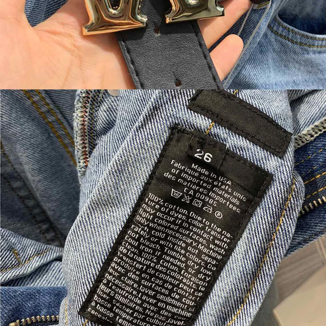 

new high-end metal buckle belt blue women high waist streetwear denim pants trousers all-matched straight long jeans
