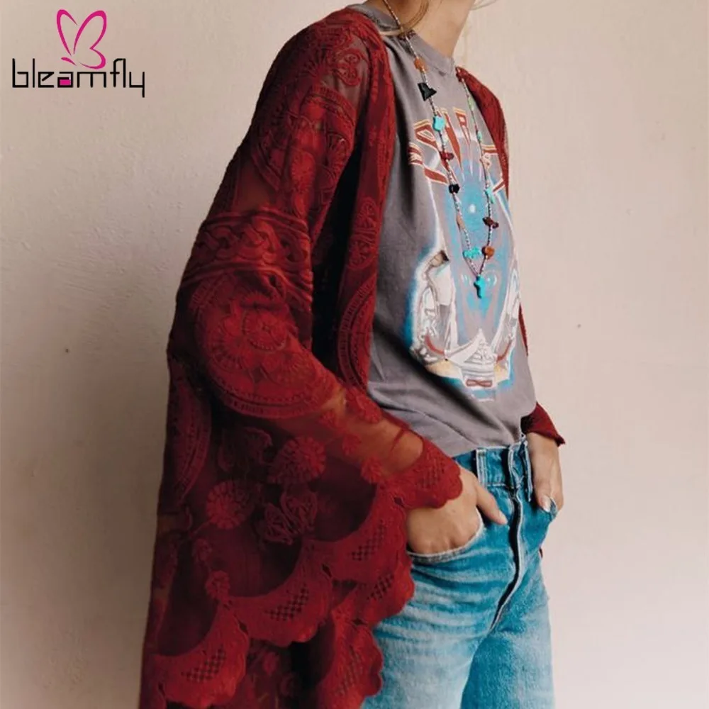 Женское кружевное длинное кимоно Boho осенне-летняя блузка с длинным рукавом