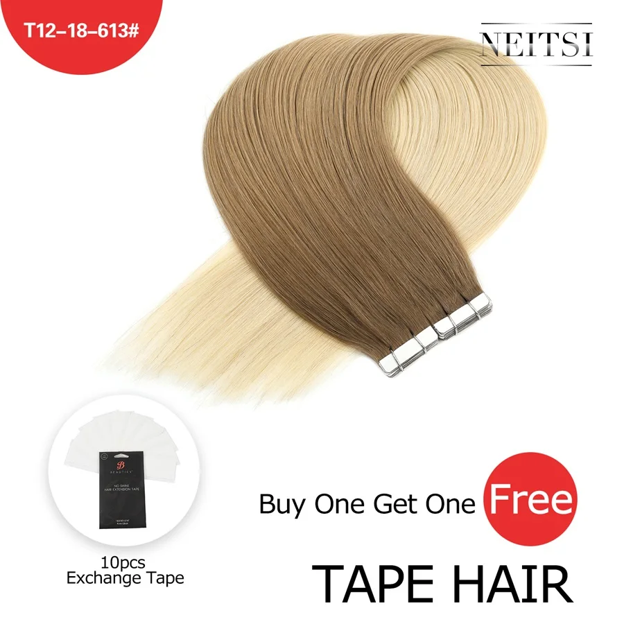 T12/18/613 # Neitsi Machine Made Remy Tape In Human Hair Extensions 20" Double Side Tape Straight Ombre Skin Weft Hair+ Free Exchange Tapes - Цвет: T12/18/613 #