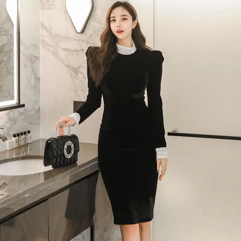 

Spring New Korean Stand Collar Temperament Slim Fit Medium And Long Sleeve Splicing Lace Collar Wrap Hip Professional Dress