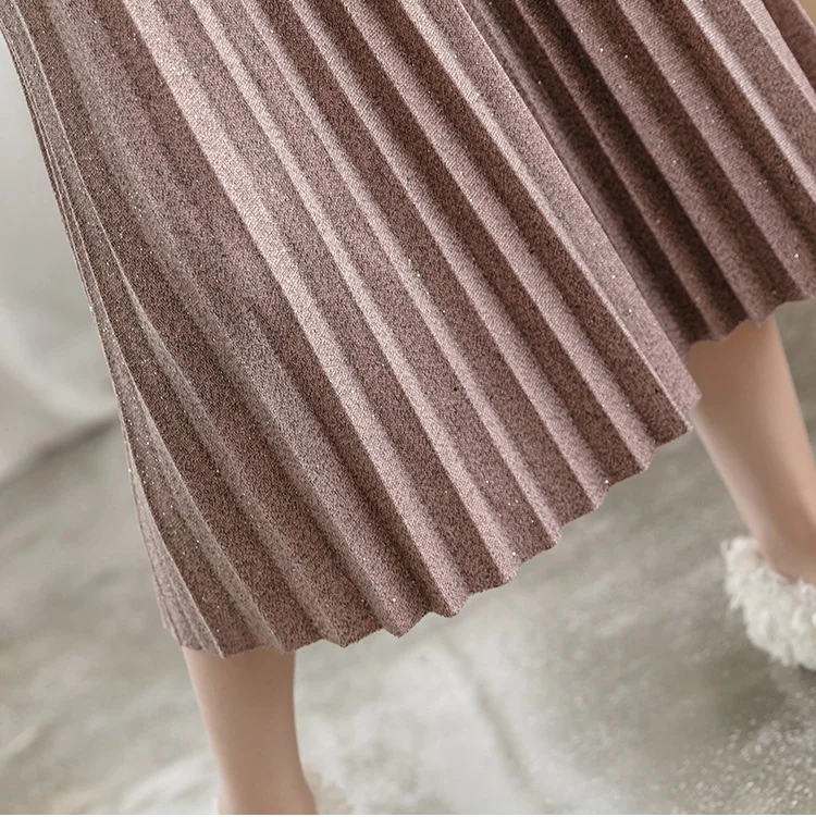 

New High Waist Women Skirt Casual Vintage Twinkle twinkle Solid Belted Pleated Midi Skirts Lady Fashion Simple accordion-pleaed