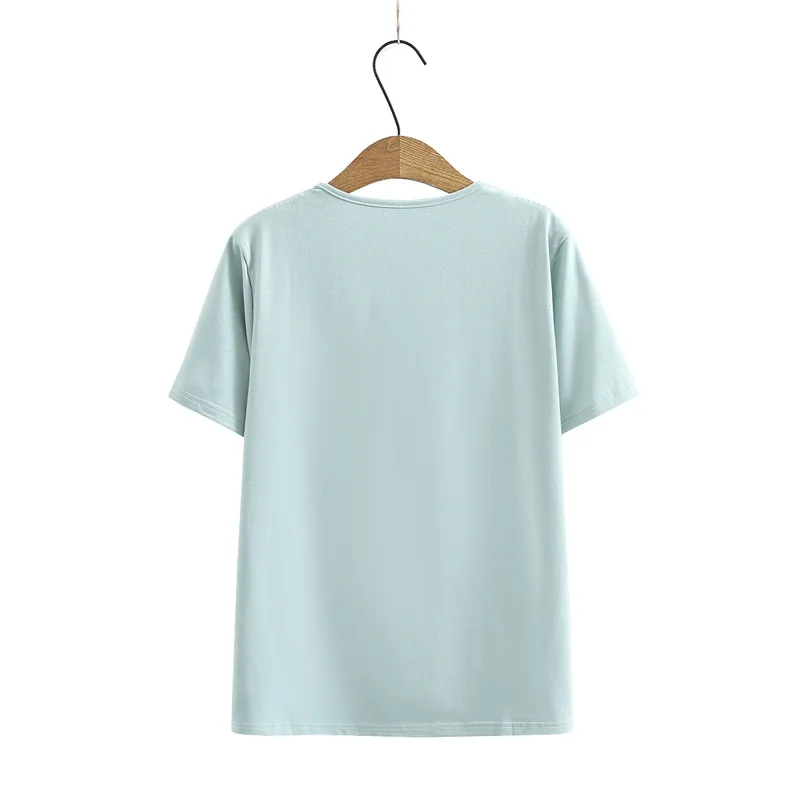 

Large Size Women's Tees Summer Wear The New 2021 Show Thin Loose V Neck Embroidery Lace Stitching Short Sleeve T-Shirt H7-843