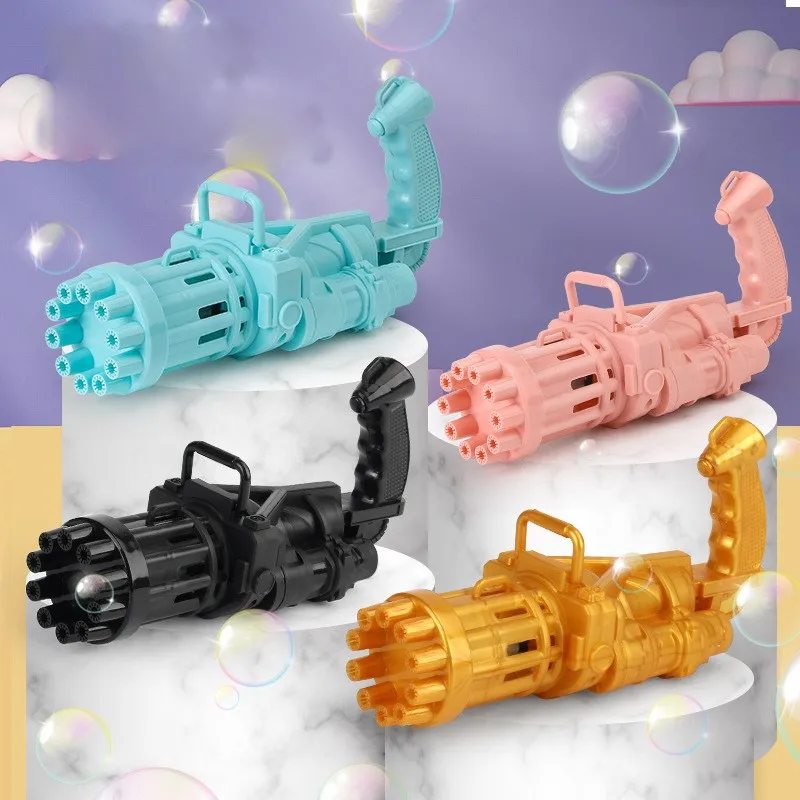 

Kids Gatling Bubble Gun With Tray Porous Automatic Blowing Fan Toys Soap Water Bubble Machine Children Indoor Outdoor Toys