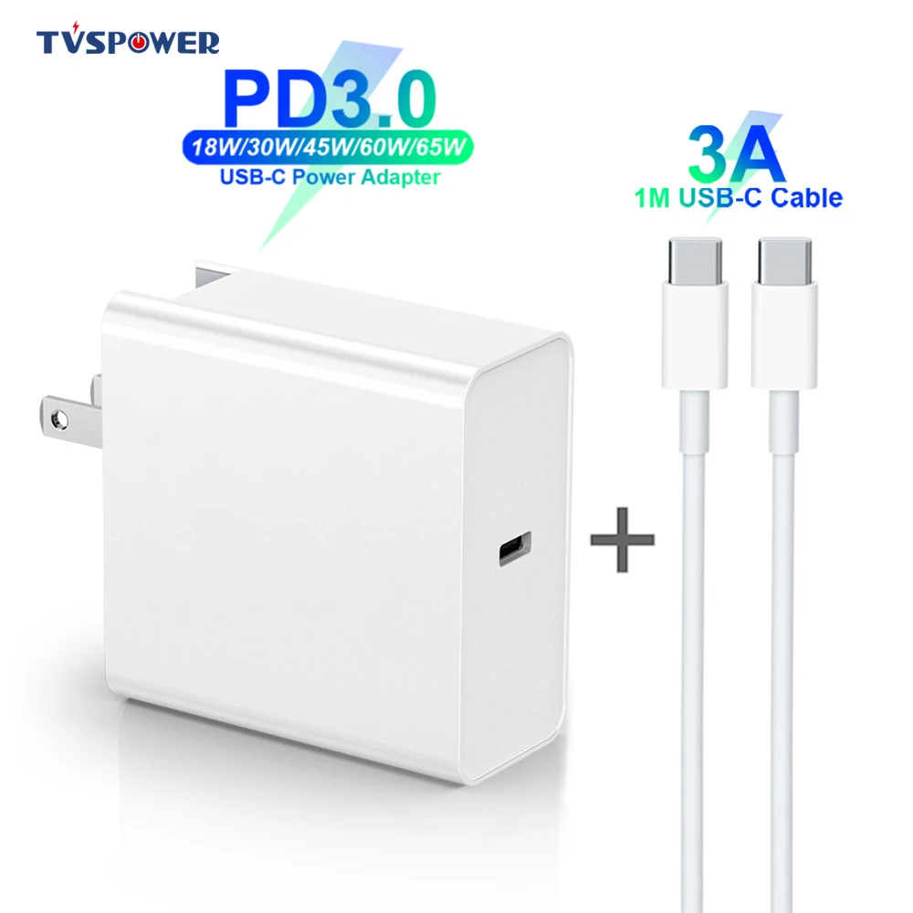 65W 60W 45W 30W 18W USB-C Power Adapter 3A Cable PD/QC3.0 Charger For MacBook Xiaomi Huawei iPhone/iPad Pro s9/10 with C-C cable