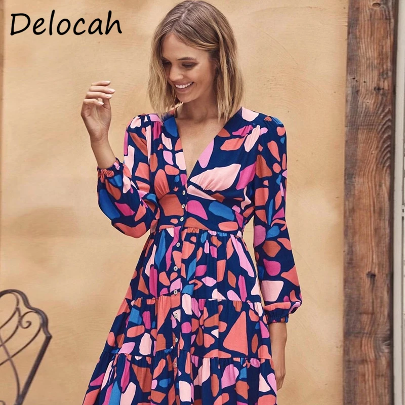

Delocah Новинка 2021 осеннее женское модное подиумное мини платье с рукавами-фонариками и высокой талией однобортное Платье с принтом в стиле пэ...