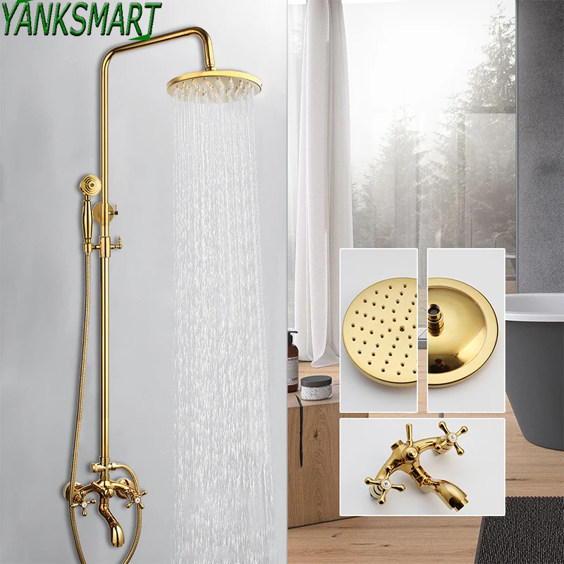 yanksmart luxury golded bathroom rainfall shower faucet set wall mounted round handshower concealed install single mixer tap free global shipping