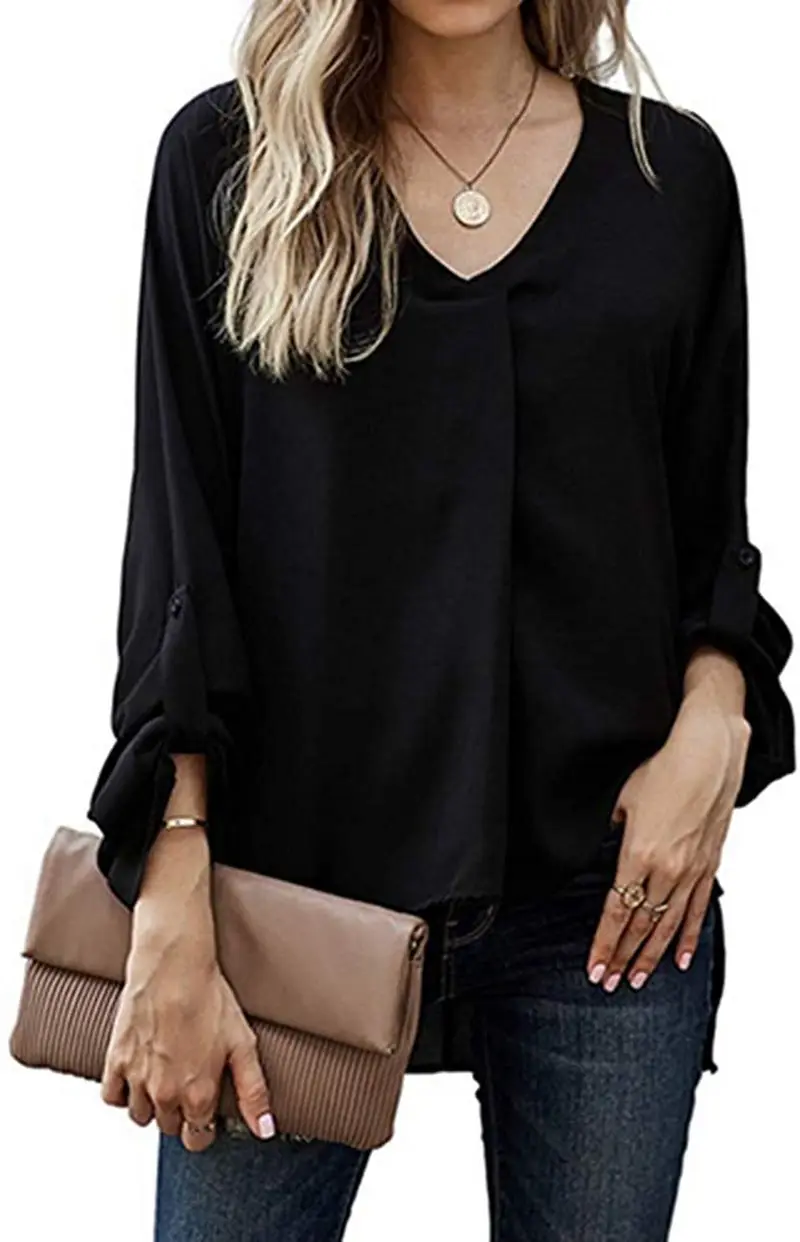 

2021 New Fashion Plus Size Chiffon Casual Full Sleeve Loose Women Shirts Solid V-Neck Lady's Blouses Tops
