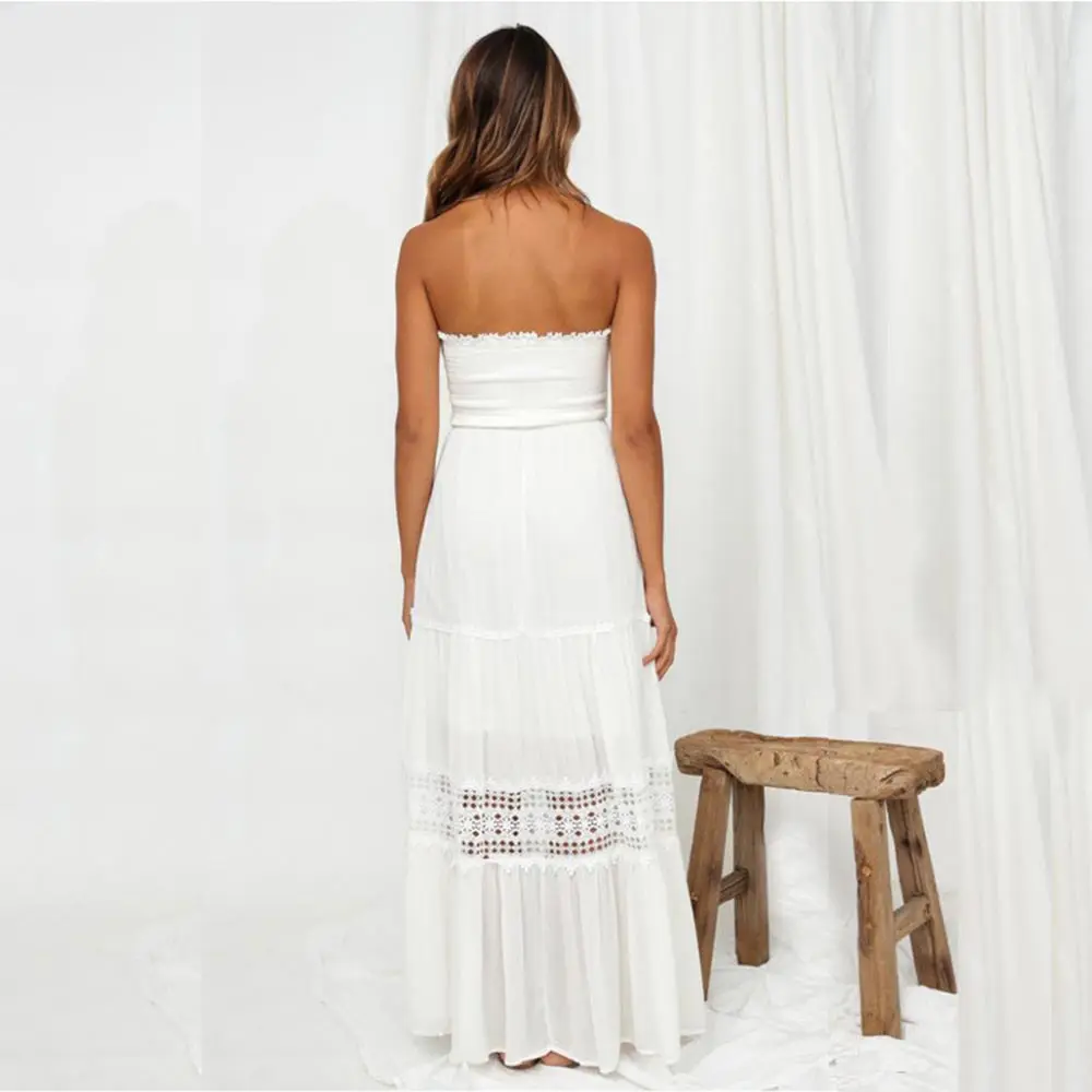 

WildPinky 2020 Beach Dress Sexy White Strapless Dresses Boho Holiday Summer Long Lace Up Hollow Out Women Party Dress Vestidos