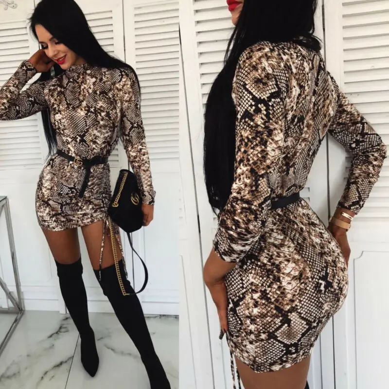 

Fashion Women Sexy Snake Print Bodycon Mini Dress Elegant Long Sleeve Eveing Party Club Slim Short Ladies Dresses Streetwear