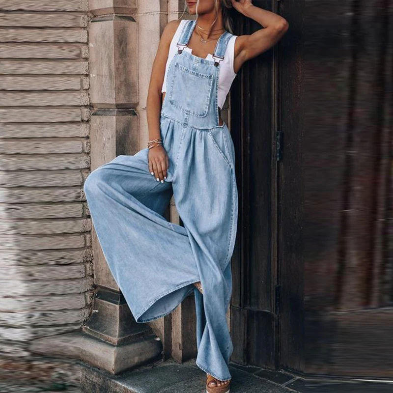 

Spring Summer Wide Leg Pants Cowboy Overalls Sexy Solid Color Denim Jumpsuits Women Elegant Off Shoulder Strappy Bodysuit Romper