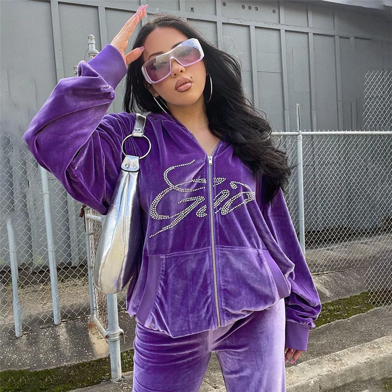 

Rhinestone Letter Velvet Tracksuit Women Pocket Hoodie Sweatshirt+Casual Pants Autumn Streetwear Matching Suit Outfit
