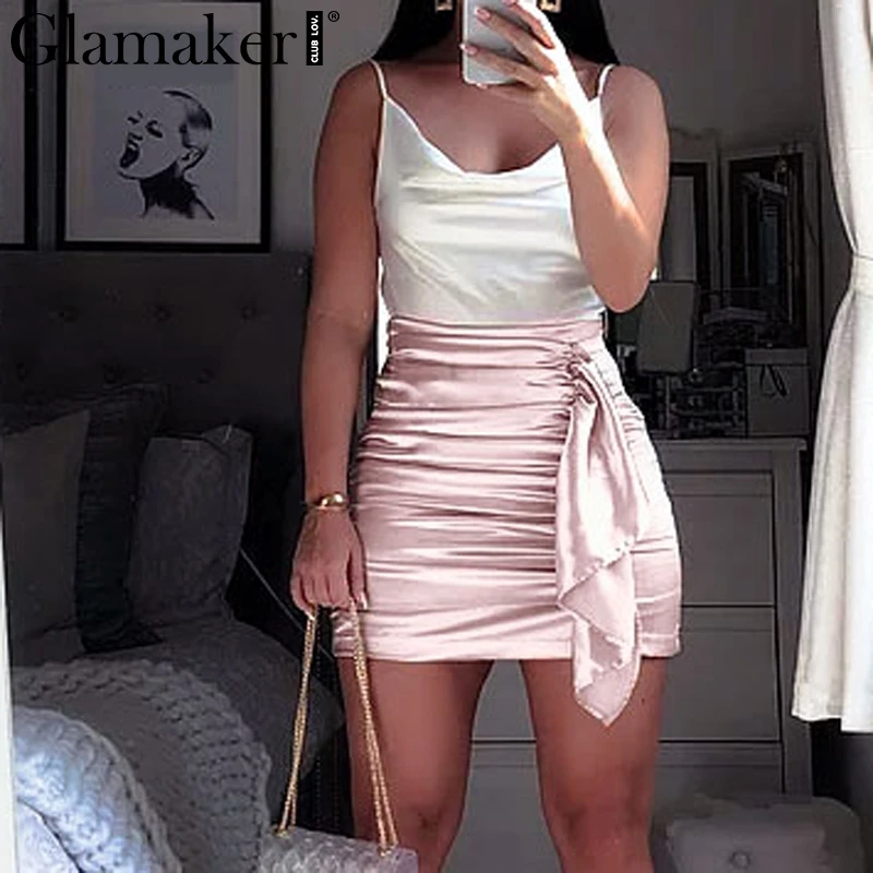Glamaker, плиссированные Сатиновые женские юбки, высокая талия, осенняя юбка, Женская облегающая винтажная Сексуальная мини-юбка на каждый день, короткая Зимняя юбка, низ