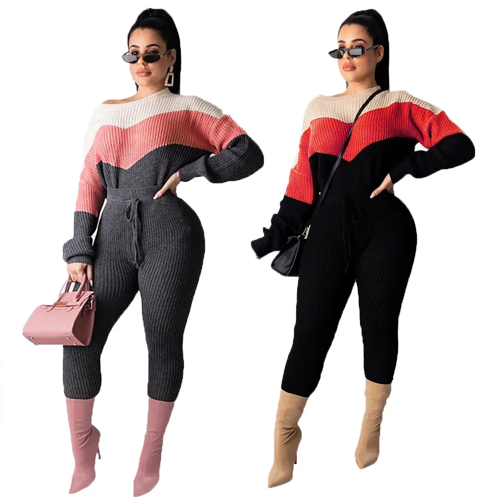 

2021 Winter Casual Thick Sweater Tracksuits Panelled O-neck Jumpers & Elastic Waist Pants Suit Female Knitted 2 Pieces Set