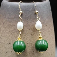 natural green jadeite pearl earrings dangle 18k lady gift diy aquaculture thanksgiving new year christmas easter mothers day