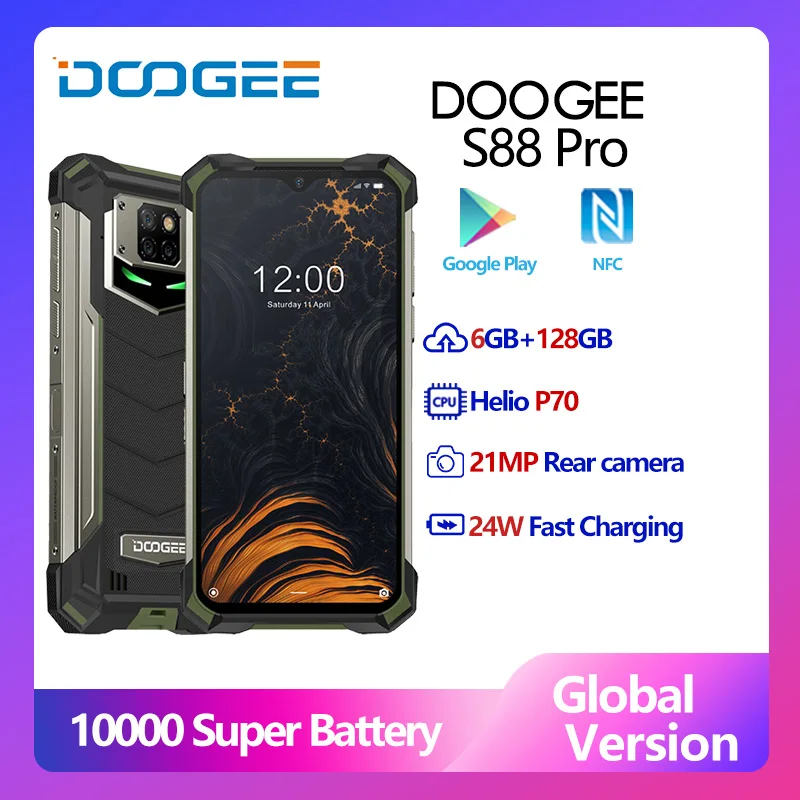 

Смартфон DOOGEE S88 Pro защищенный, IP68/IP69K, 10000 мАч, 6,3 дюйма, FHD +, 6 + 128 ГБ, Helio P70 восемь ядер, Android 10