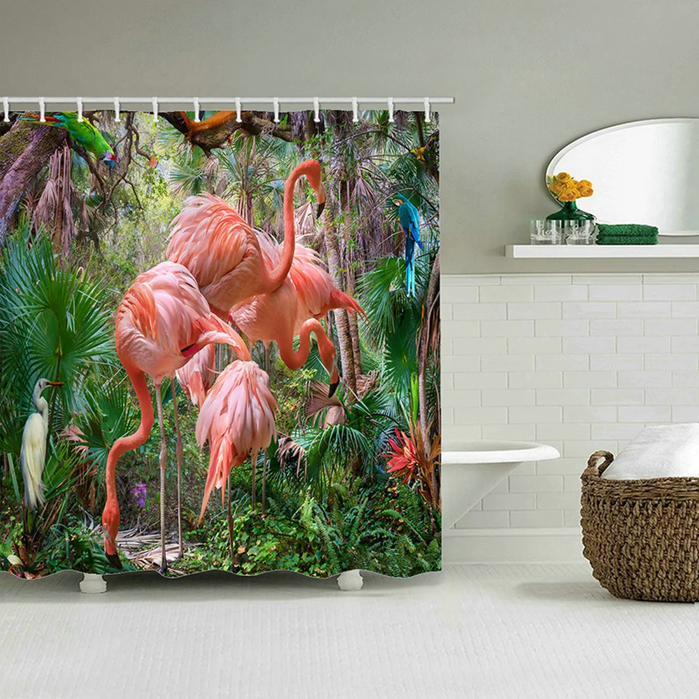 

Tropical Rainforest Flower Bird Animals Shower Curtains Green Leaves Flamingo Leopard Bathroom Decor Waterproof Fabric Curtain