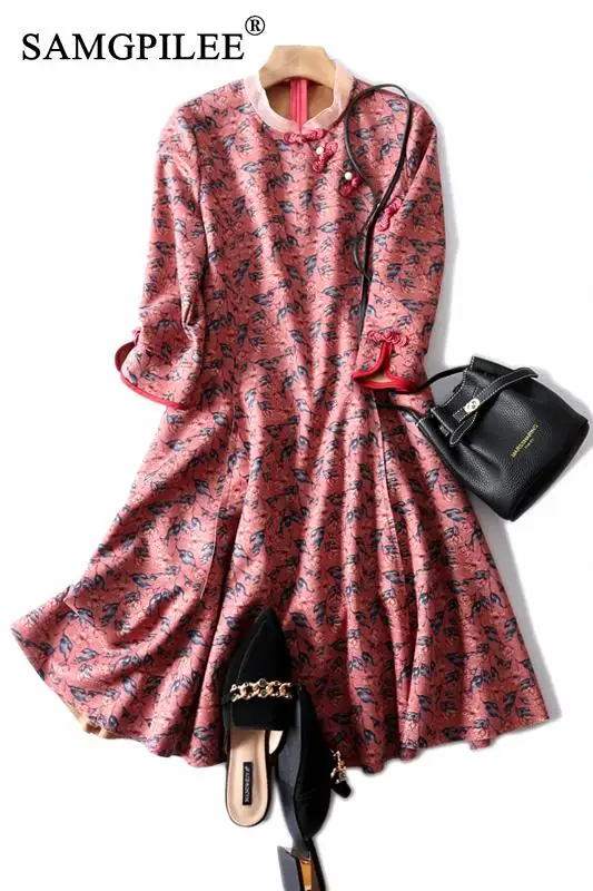 

Dresses For Women Party 2021 Casual A-line Print Three Quarter Sleeve Korean Fashion Clothing Empire O-neck Winter Dress Woman