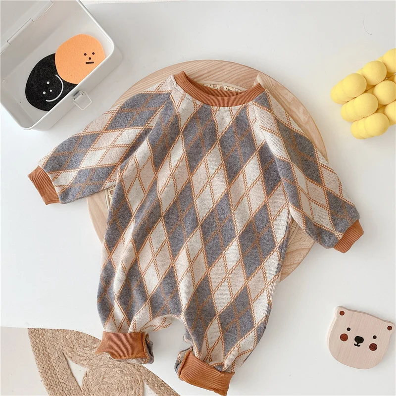 Korean style autumn baby sweater jumpsuit diamond cotton long sleeve knit jumpsuits for toddler kids soft comfortable overalls