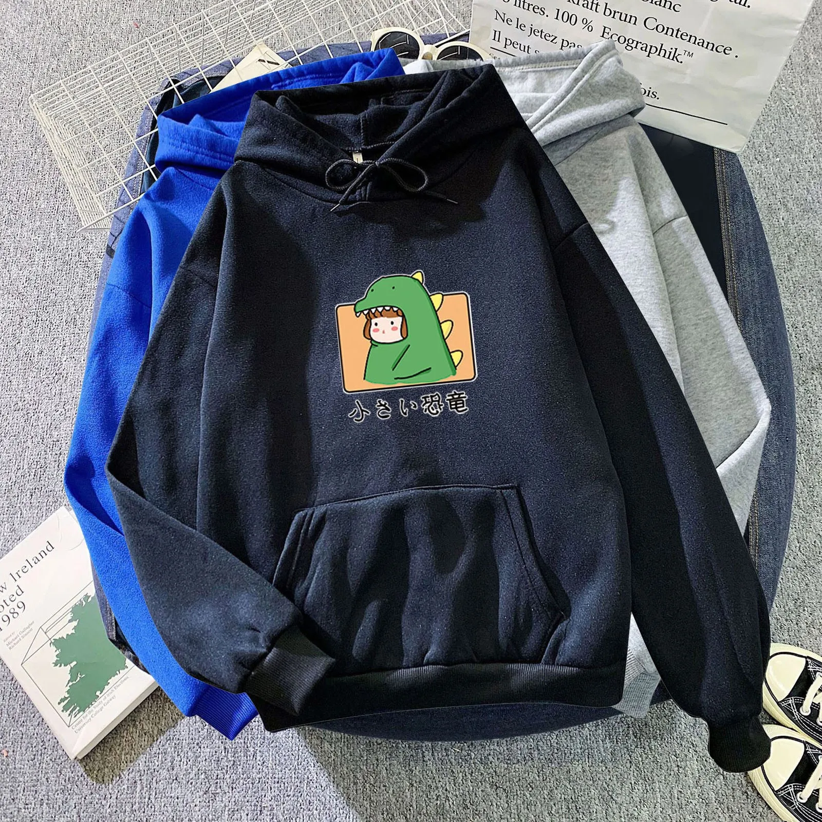 

Girl Dinosaur Cute Pattern Women's Hoodie Long-sleeved Oversized Hooded Sweatshirt Pocket Korean Style Cartoon Tops Teens Girls