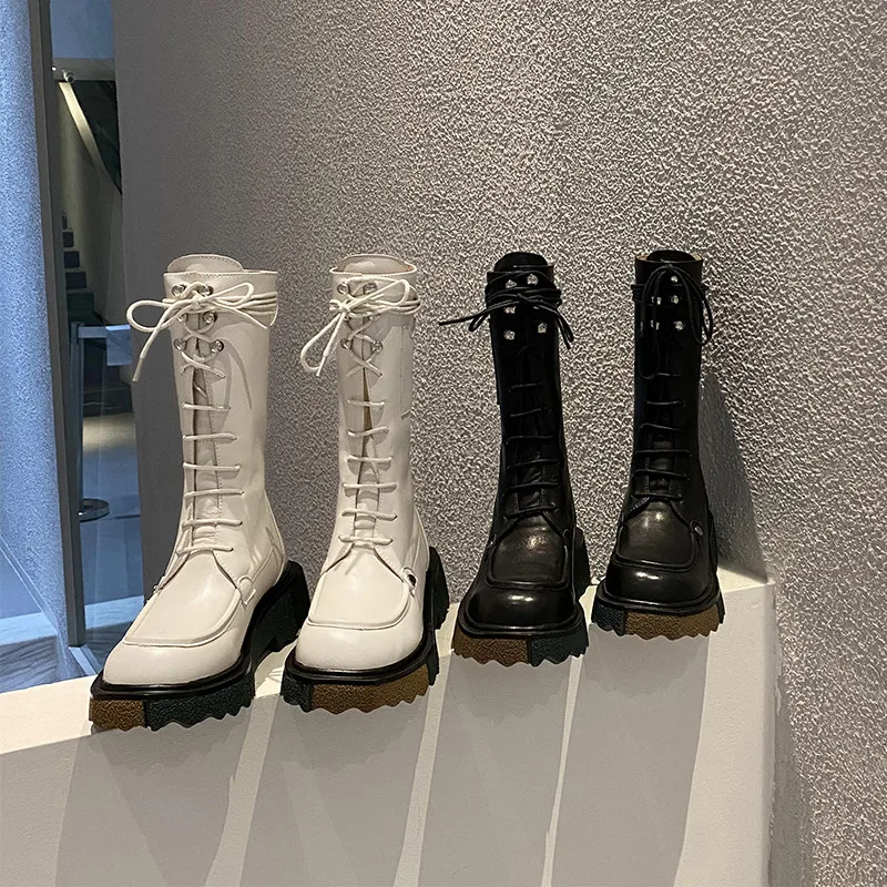 Online Asumer Sepatu Kulit Asli Baru 2021 Sepatu Bot Wanita Pertengahan Betis Sepatu Kasual Musim Gugur Musim Dingin Sepatu Bot Platform Datar Wanita Hitam