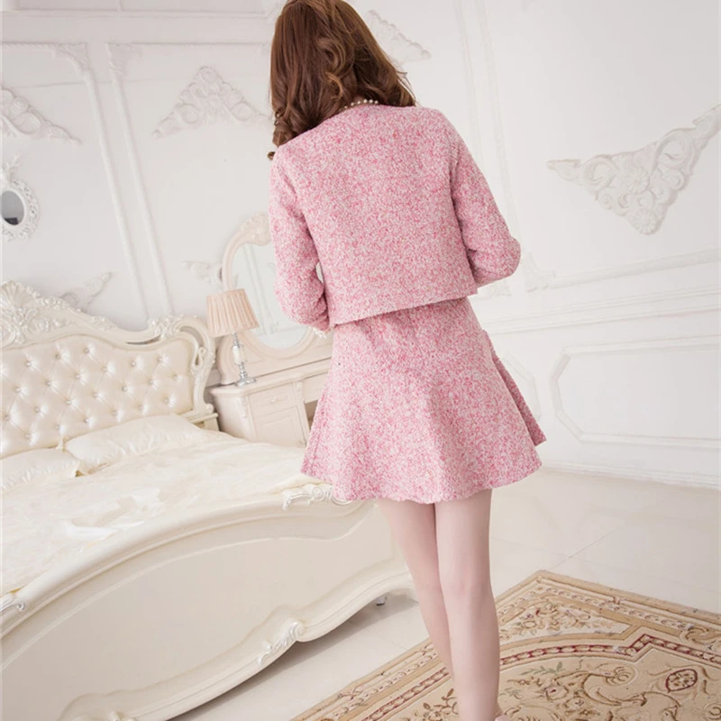 

New Autumn Women Two Piece Outfits Sweet Elegant Long Sleeve Tweed Short Jacket Coat + Fashion Ladies Pink Mini Vest Dress Suits