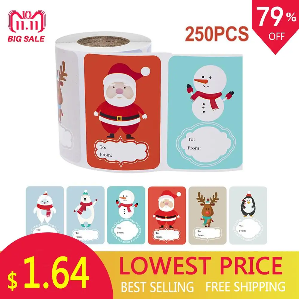 

6 Designs Adhesive Christmas Gift Name Tags Present Seal Labels Christmas Decals Gift Package XMAS Stickers 1 Roll (250pcs) 45P