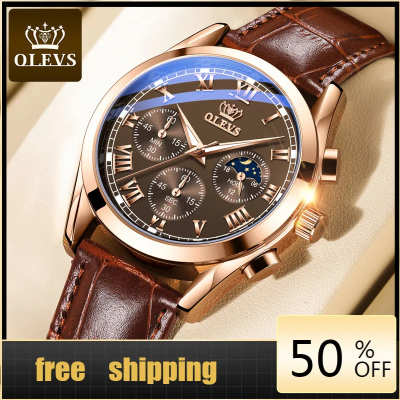 

OLEVS Men's watch multi-functional sports three eye six pin Leather Luxury Chronograph waterproof luminous quartz watch for men