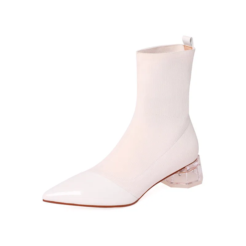 

Fashion Pointed Short Boots Women Spring Autumn Single Boots Mid-heel Elastic Knitted Socks Boots Crystal Thick Heel Thin Boots