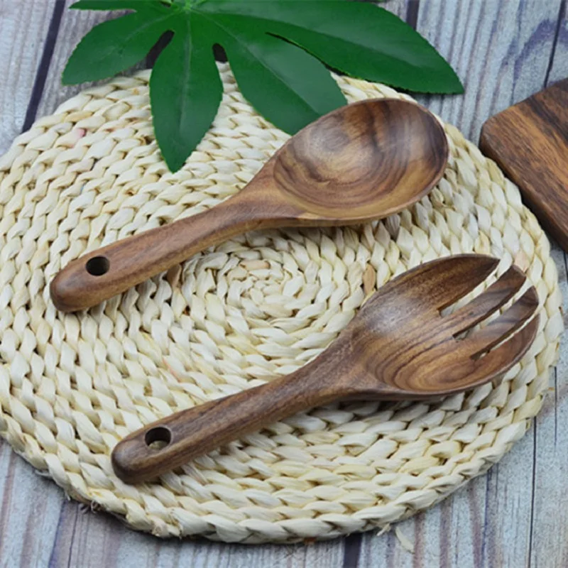 Скандинавская деревянная посуда для салата 5 комплектов (5 вилок + ложек)