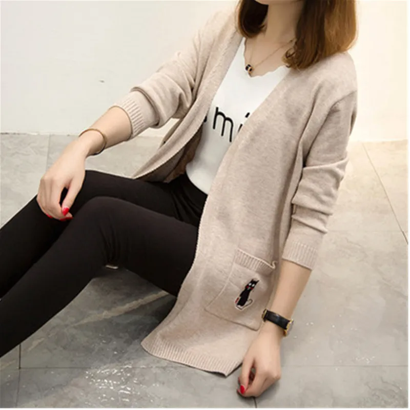 

2019 Casual Long Knitted Cardigan Autumn Fashion Elegant Women Loose Solid Color Pocket Outwear Sweater Female Cape Cartoon Top