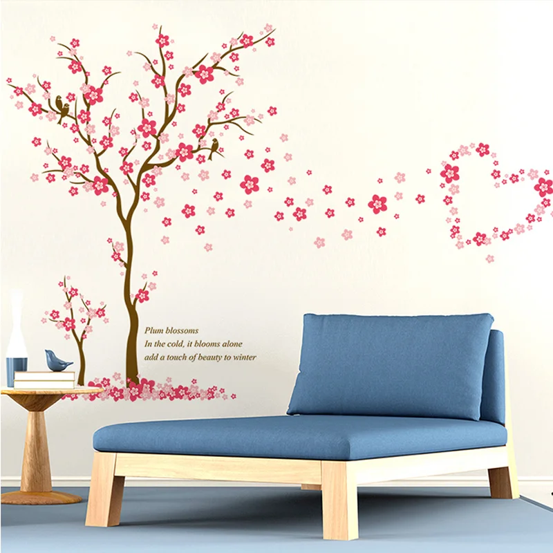 3D Pink Plum Flower Tree Love Wall Stickers PVC Living Room Bedroom Background Decoration Mural Art Decals Home Decor Sticker | Дом и сад