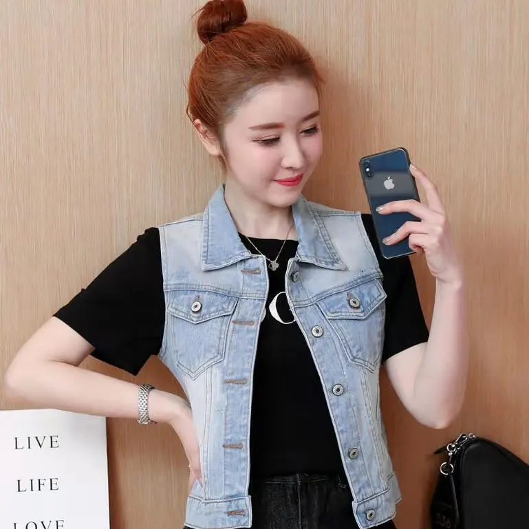 Женский джинсовый жилет универсальный без рукавов винтажная куртка из денима в