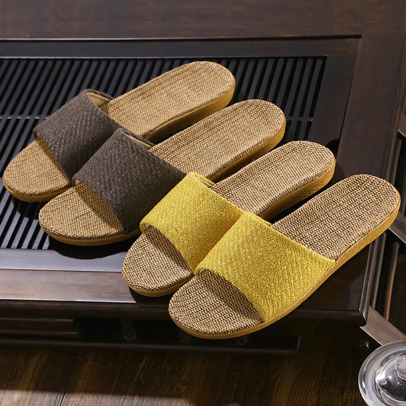 

Couple Home Bedroom Slippers Unisex Floor Linen Slides Non-Slip Women/Man Flax Shoes Summer Beach Sandals Casual Flat Flip Flops